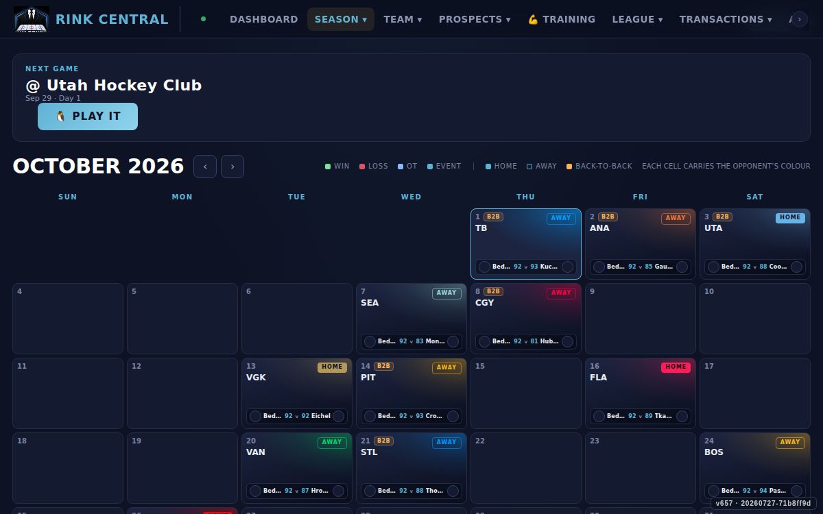 Franchise Manager - the season calendar, every game colour-coded by opponent